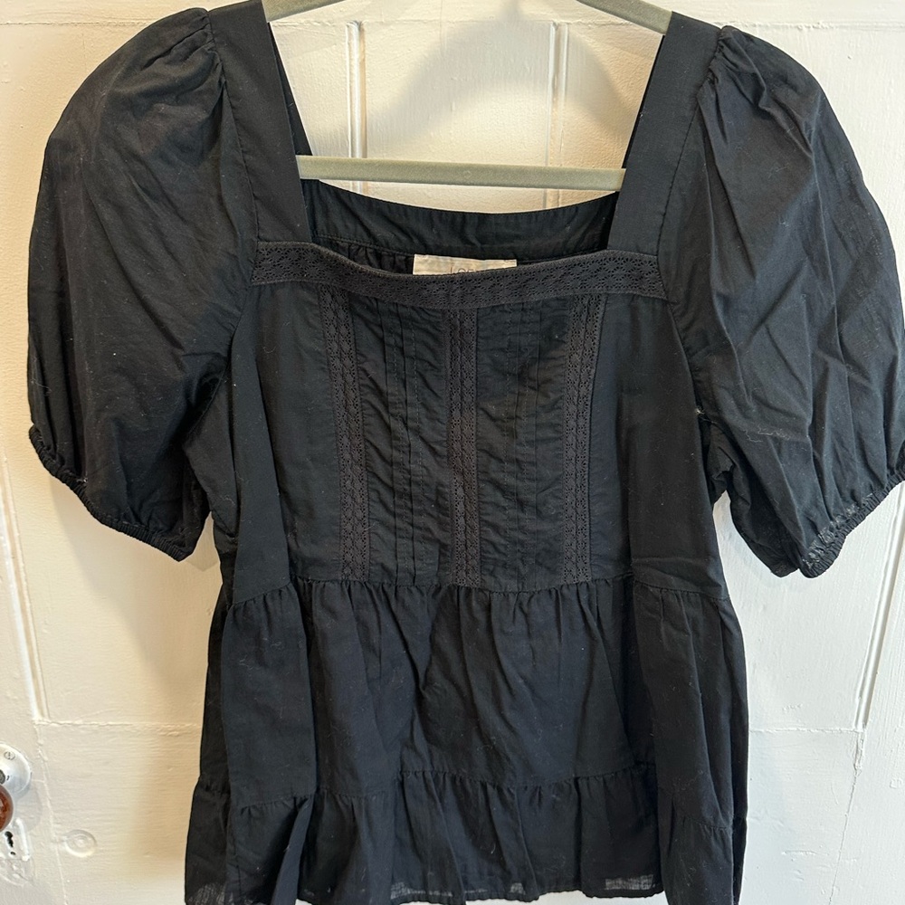 LOFT Black Puff Sleeve Smocked Peplum Blouse